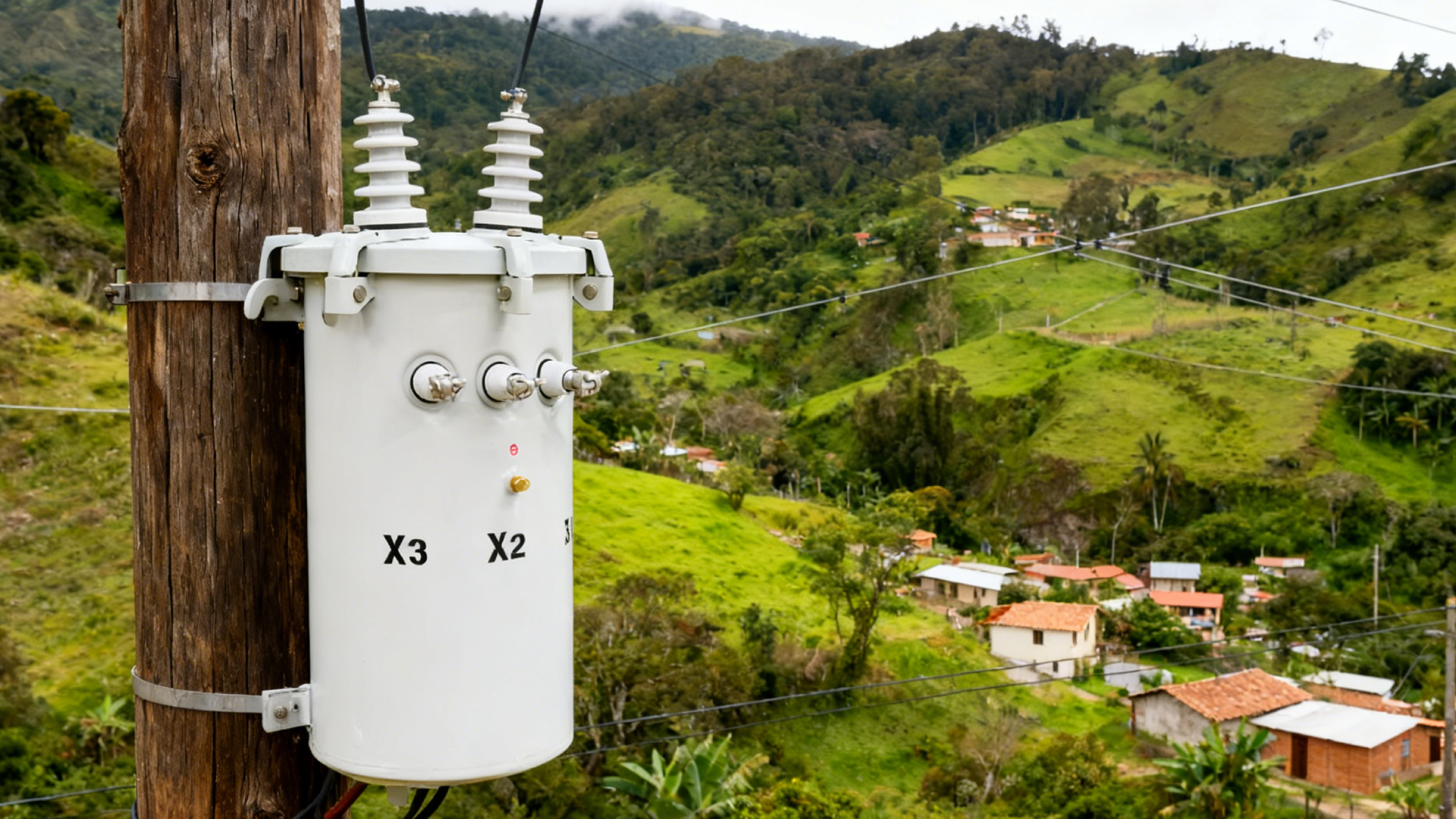 Transformateurs monophas&eacute;s mont&eacute;s sur poteau TSTYNICE permettant l'&eacute;lectrification rurale dans les r&eacute;seaux de distribution des Andes colombiennes et de la vall&eacute;e de la Magdalena